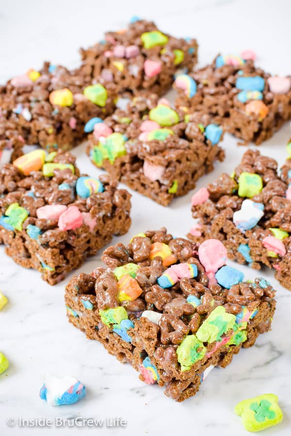 Chocolate lucky charms the form of a rice krispie treat.