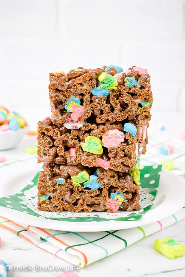 Chocolate lucky charms the form of a rice krispie treat.