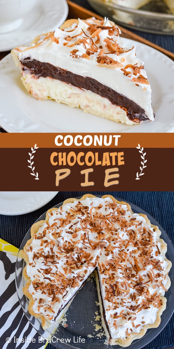 Two pictures of Coconut Chocolate Pie collaged together with a brown text box