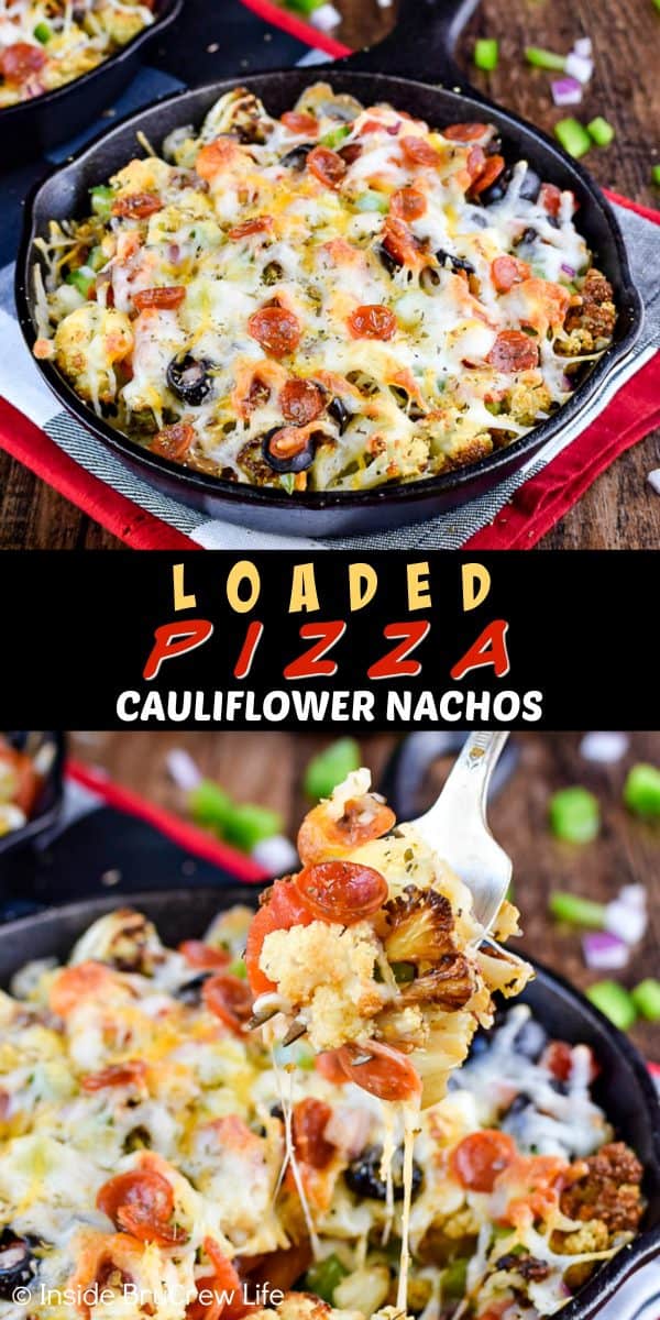 Loaded Pizza Cauliflower Nachos - make healthy nachos by topping roasted cauliflower with cheese and your favorite pizza toppings. Make this easy recipe when you need a low carb meal! #pizza #cauliflower #healthy #leanandgreen #healthynachos #lowcarb