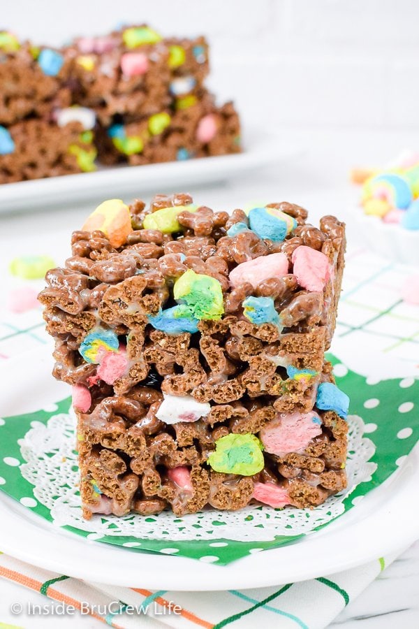 Two marshmallow cereal bars stacked on top of each other.