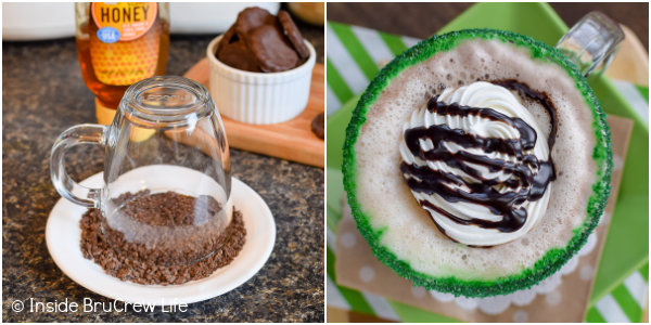 Two pictures collaged together showing how to add a cookie rim to a glass.