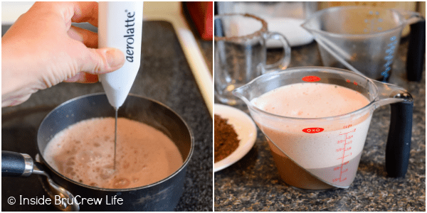 Two pictures collaged together showing how to froth steamed milk.