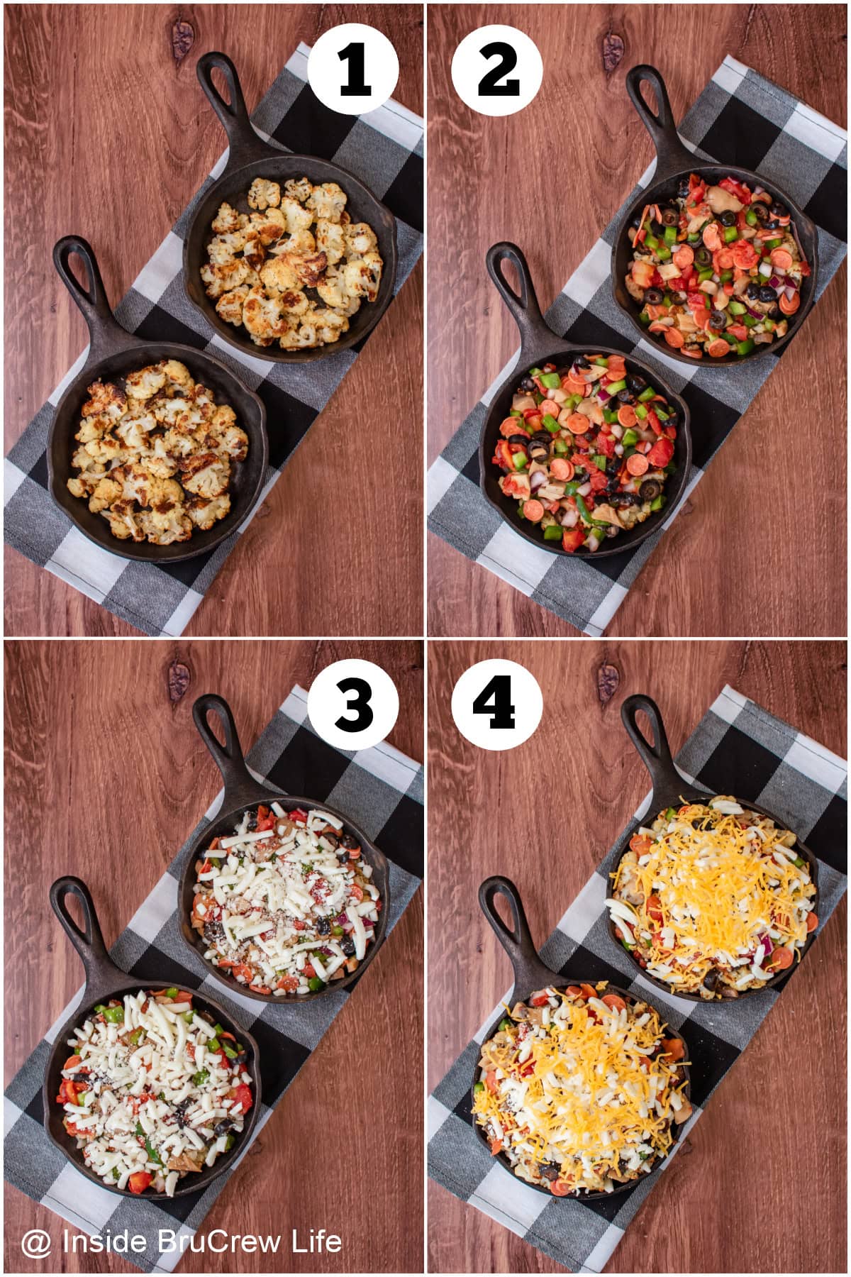 Four pictures collaged together showing how to assemble nachos made with cauliflower.