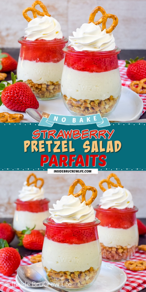 Two pictures of strawberry pretzel salad parfaits collaged together with a dark teal text box.