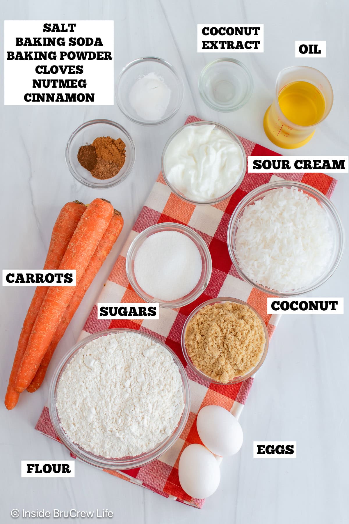 Carrot cake bread ingredients with text labels.