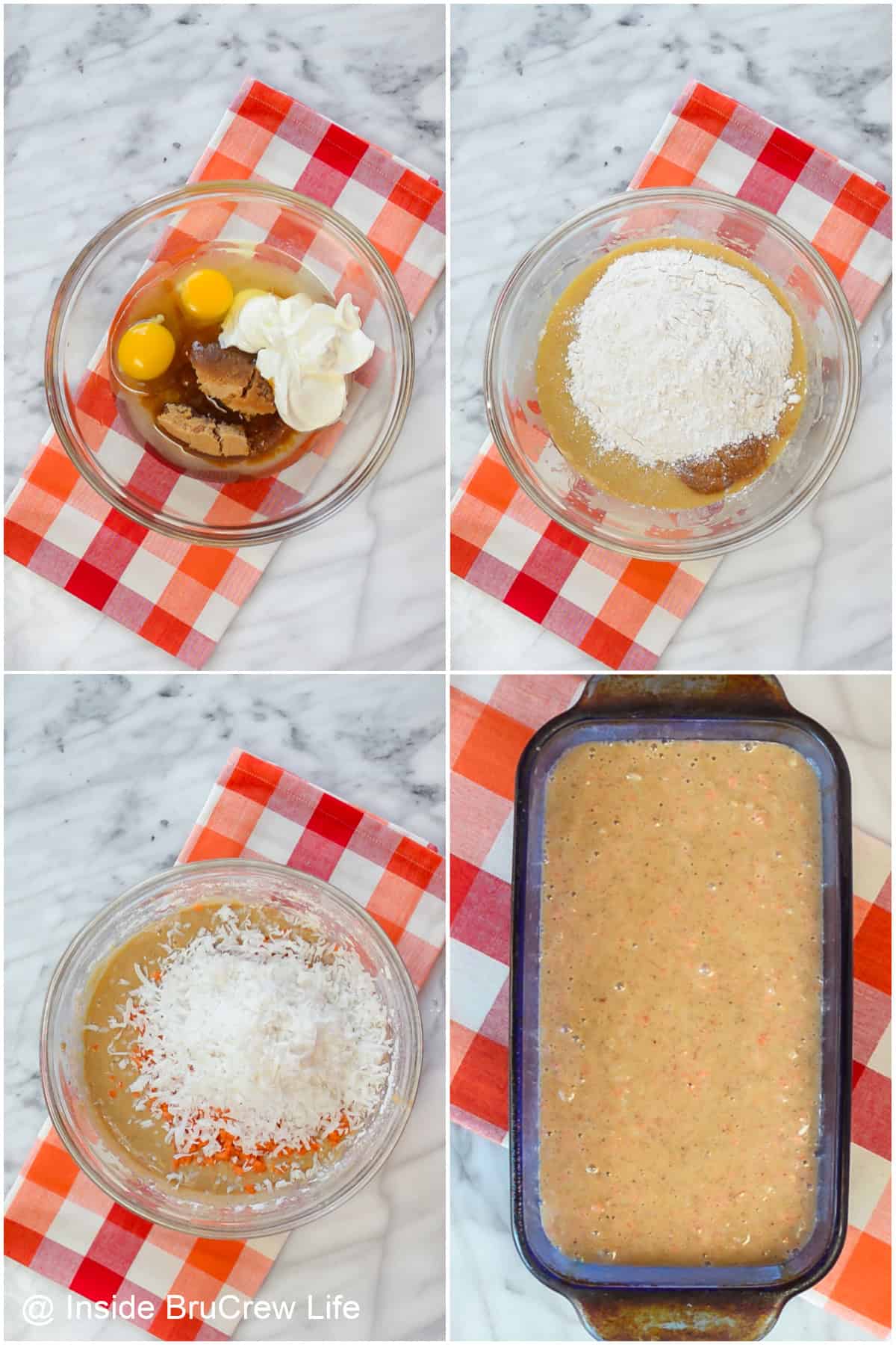 Step-by-step photos showing how to make a carrot cake loaf.