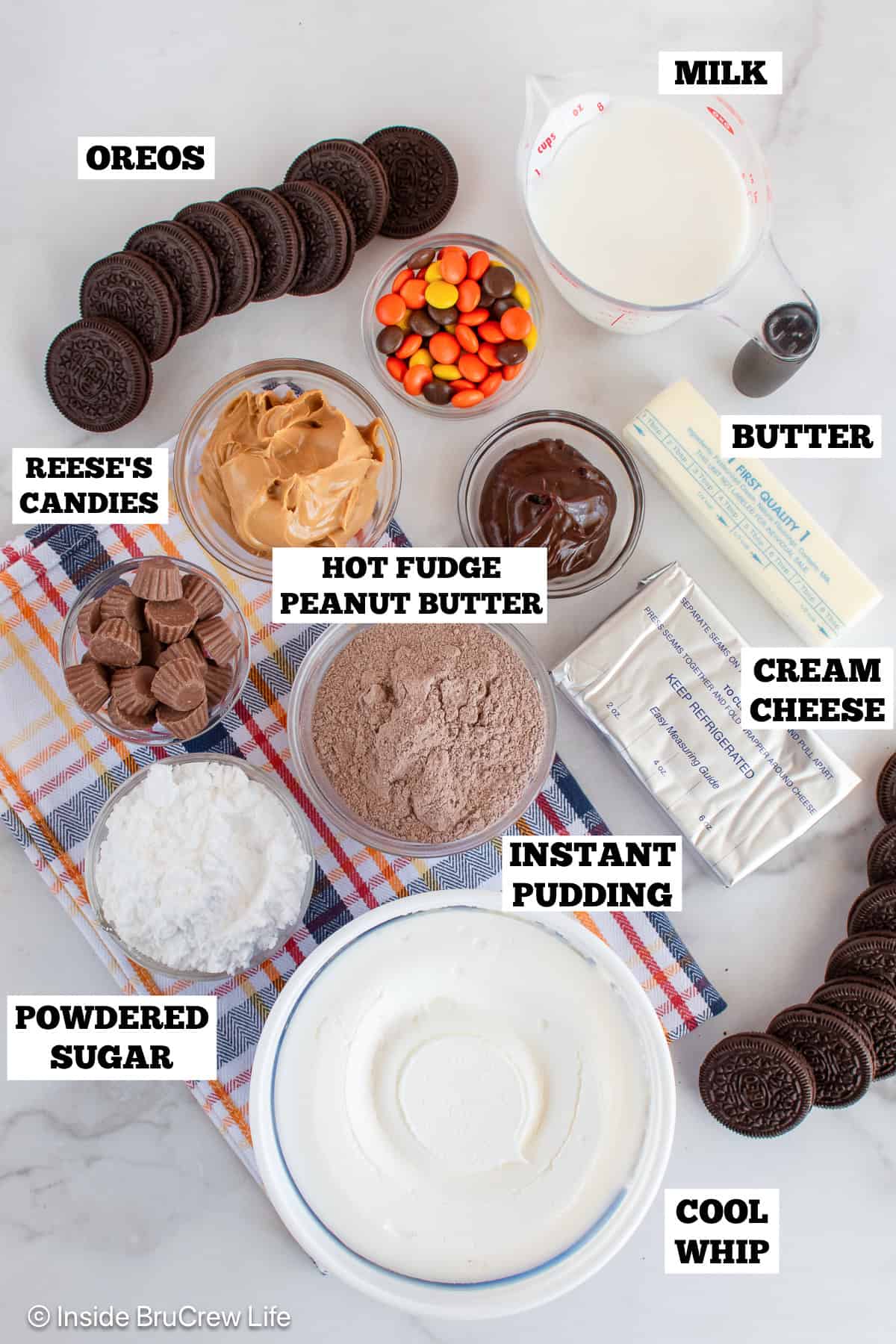Chocolate peanut butter pie ingredients with labels.