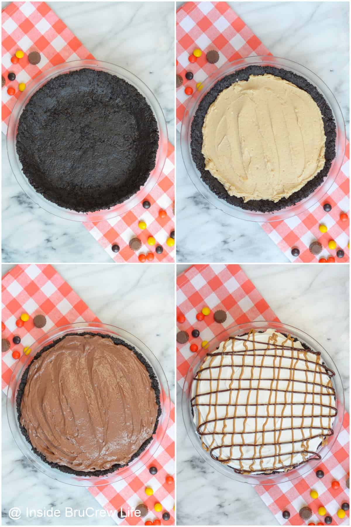 Step by step photos showing how to make a chocolate peanut butter pudding pie.