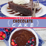 Two pictures of flourless chocolate cake collaged with a blue text box.