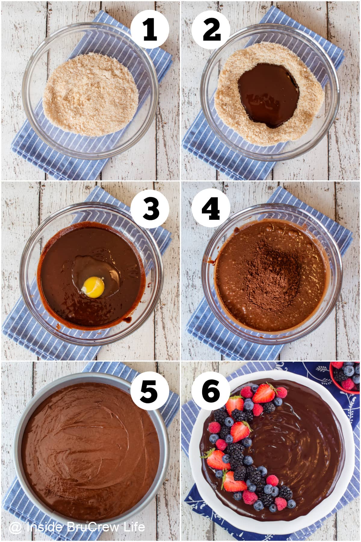 Six pictures collaged together showing how to make a cake without flour.