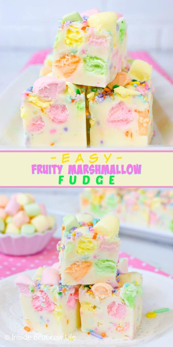 2 pictures of fruity marshmallow fudge separated by a box of text.