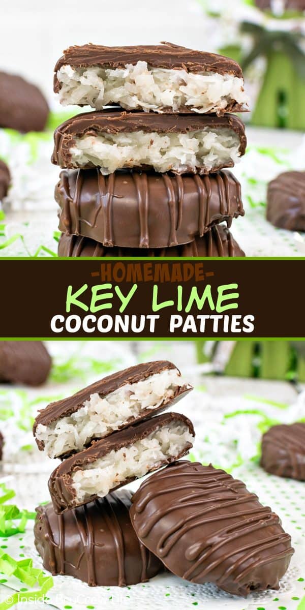 2 pictures of chocolate covered coconut patties separated by a box of text.