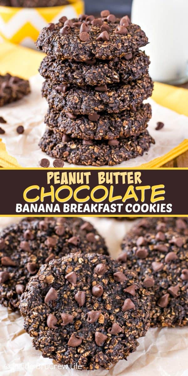 Peanut Butter Chocolate Banana Breakfast Cookies - enjoy cookies for breakfast when you make these healthy banana cookies. Great recipe to make when you have extra ripe bananas on the counter! #healthy #banana #breakfastcookies #peanutbutter