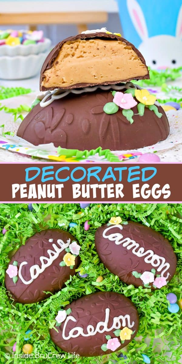 Two pictures of Peanut Butter Eggs collaged together with a brown text box.