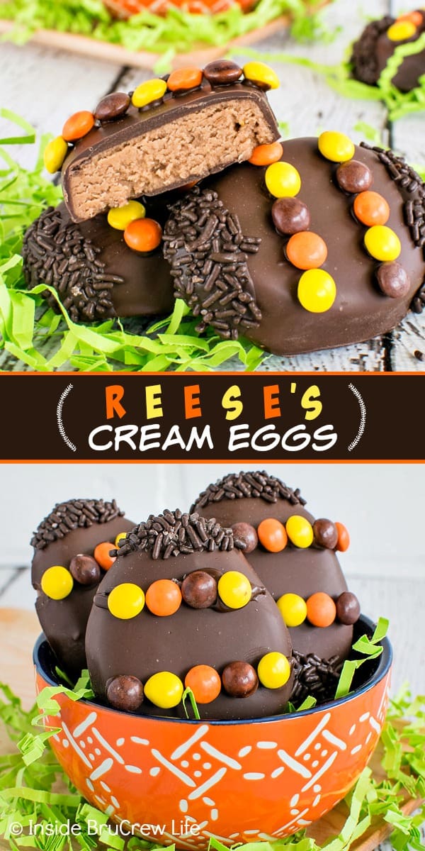 Two pictures of homemade Reese's Eggs collaged together with a brown text box.