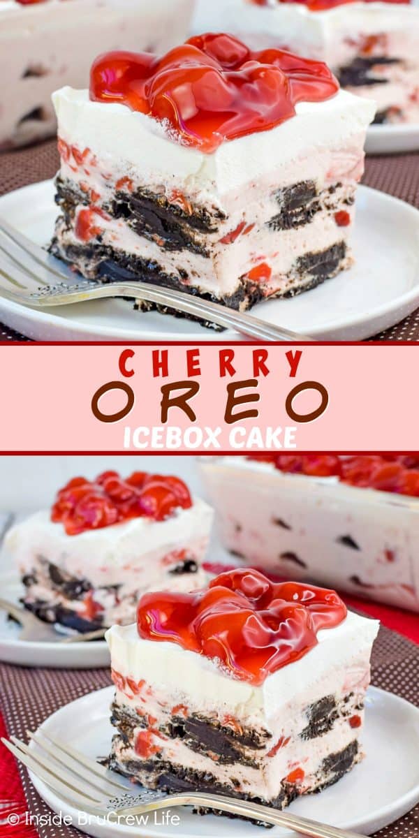 Two pictures of Cherry Oreo Icebox Cake collaged together with a pink text box