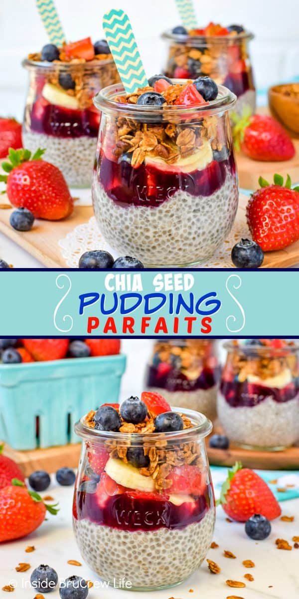 Two pictures of Chia Pudding Parfaits collaged together with a teal text box.