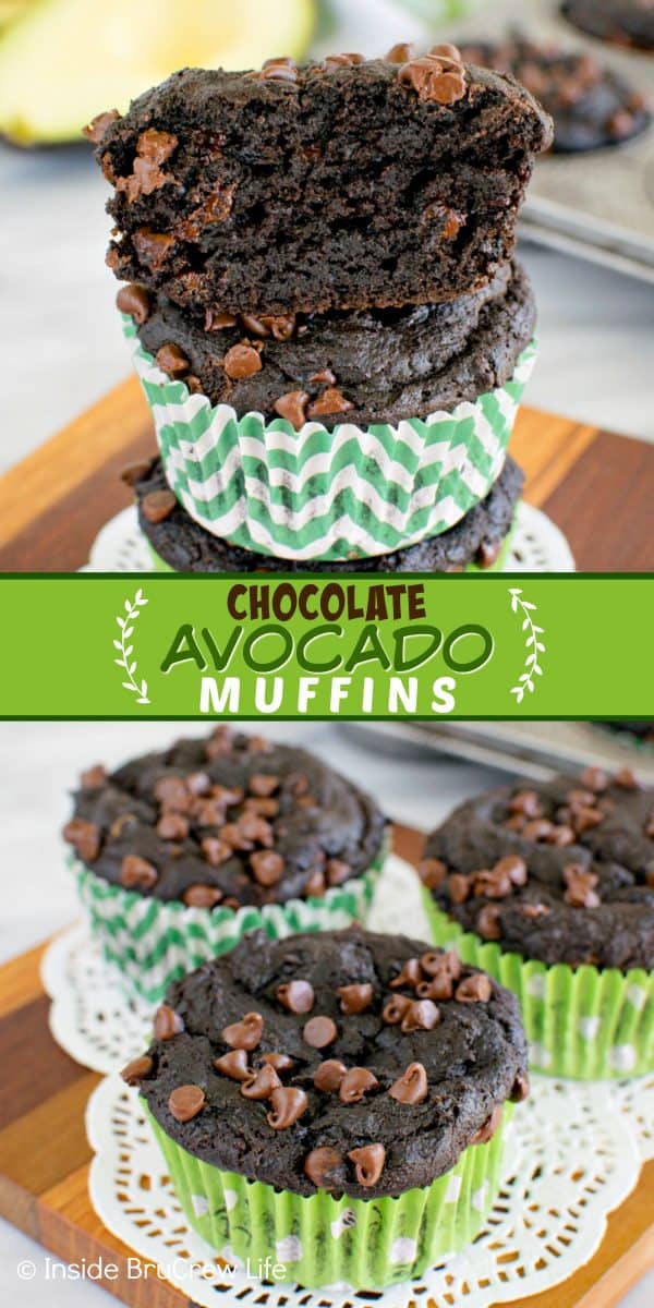 Two pictures of Chocolate Avocado Muffins collaged together with a green text box