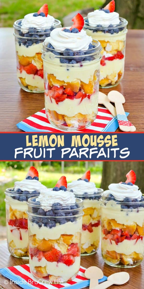 Two pictures of Lemon Fruit Parfaits collaged together with a blue text box