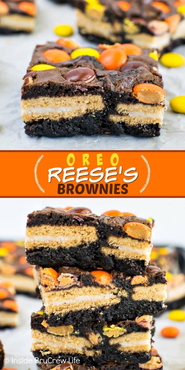 Oreo Reese's Brownie Bars - adding cookies and candies to these fudge brownies will make them disappear in a hurry. Make this easy recipe when you need a fun dessert! #brownies #Oreos #reesespieces #easy #dessert