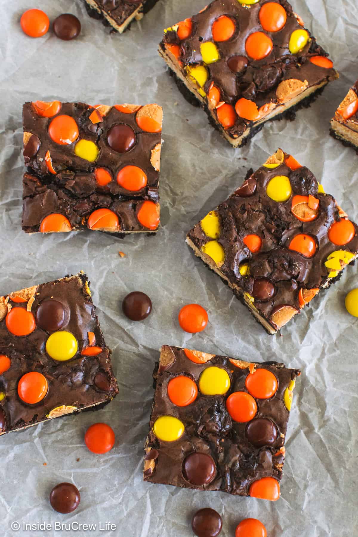 Squares of Reese's Pieces on a pan.