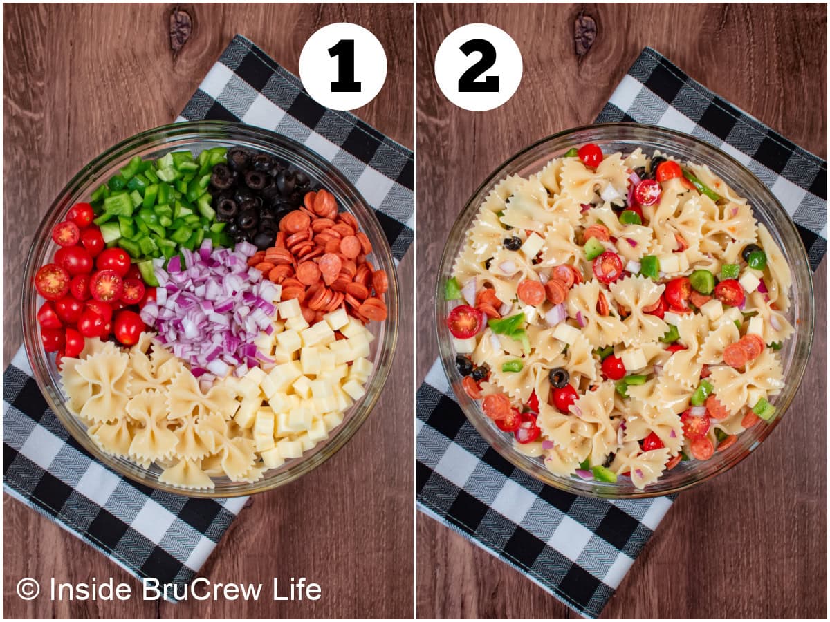 Two pictures collaged together showing how to make pizza salad.