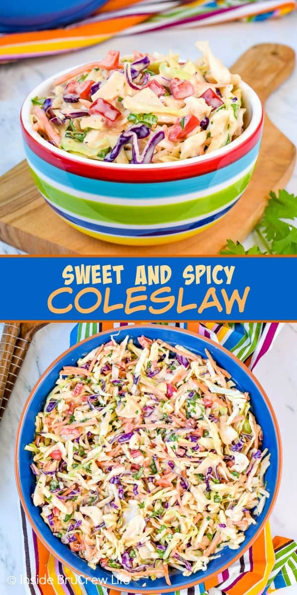 Sweet and Spicy Coleslaw - the honey and Sriracha dressing added to this easy coleslaw gives it a great sweet and spicy flavor. Make this easy recipe to serve with fish or pork dinners! #coleslaw #sweetandspicy #sriracha #honey #summer #potluck