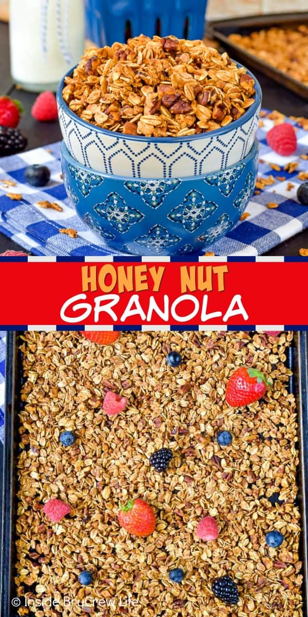 Honey Nut Granola - this homemade granola is full of honey and nuts. It's an easy recipe to make for breakfast. Enjoy it with milk, yogurt, or chia pudding! #granola #homemade #breakfast #snackmix #honeynut