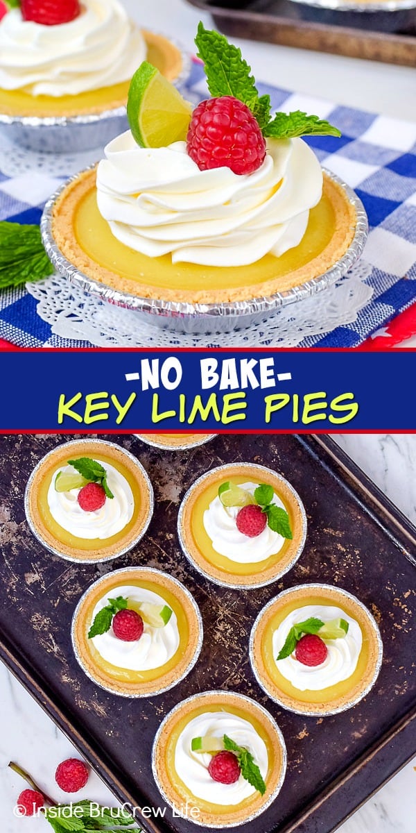 Two pictures of mini key lime pies collaged together with a blue text box.