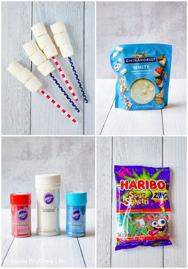 Four pictures of the ingredients needed for 4th of July marshmallow pops collaged together.