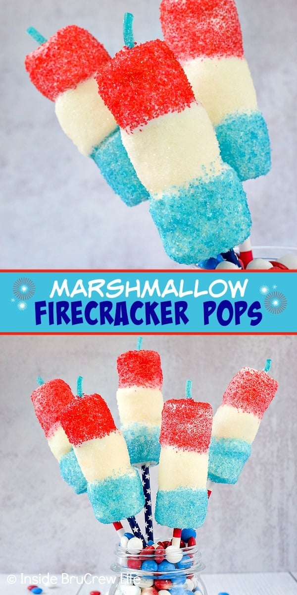 Two pictures of red white and blue firecracker marshmallow pops collaged together with a blue text box.