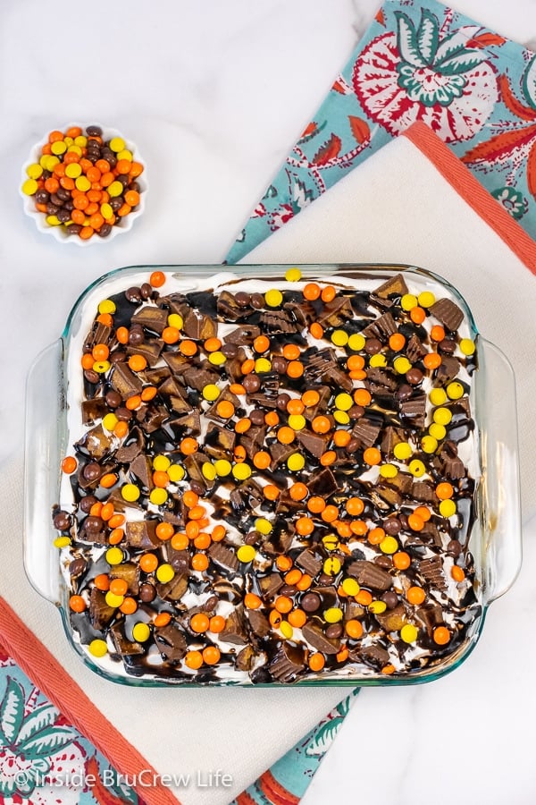Overhead picture of a square pan filled with Reese's Ice Cream Cake.