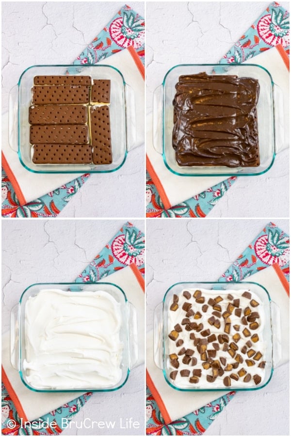 Four pictures collaged together showing how to put together the layers in a Reese's Ice Cream Cake.