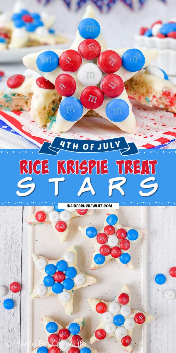 Two pictures of Red White and Blue rice krispie treat stars collaged together with a bright blue text box.