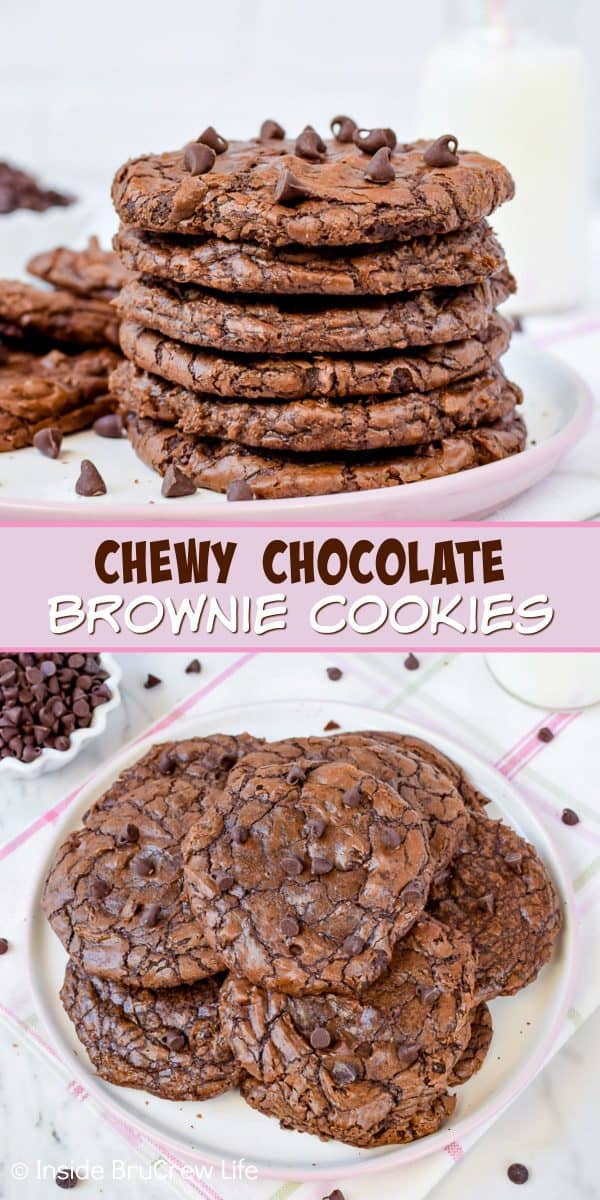 Two pictures of chocolate brownie cookies collaged together with a pink text box.