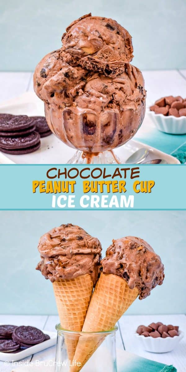 Chocolate Peanut Butter Cup Ice Cream - cookies, candies, hot fudge, and peanut butter make this easy homemade ice cream a delicious treat for a hot summer day. Easy recipe to make for dessert! #icecream #chocolate #peanutbuttercups #homemadeicecream #eggfree #Oreos #peanutbutter #icecreamday