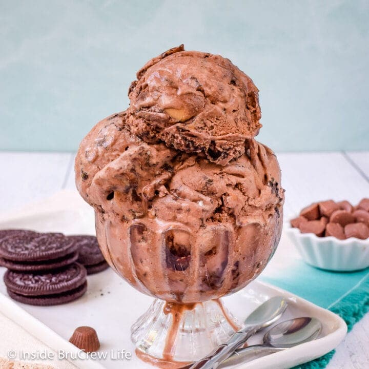 A bowl with three scoops of chocolate peanut butter cup ice cream in it.