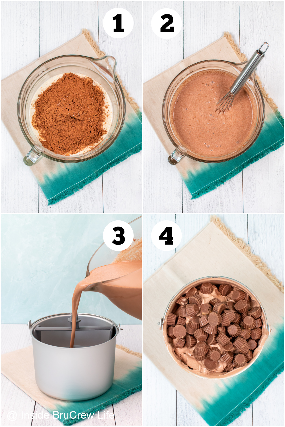 Four pictures collaged together showing how to make homemade chocolate ice cream.