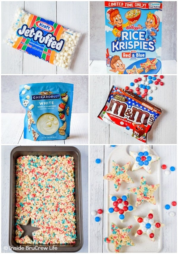 Six pictures collaged together showing how to make and decorate rice krispie treat stars