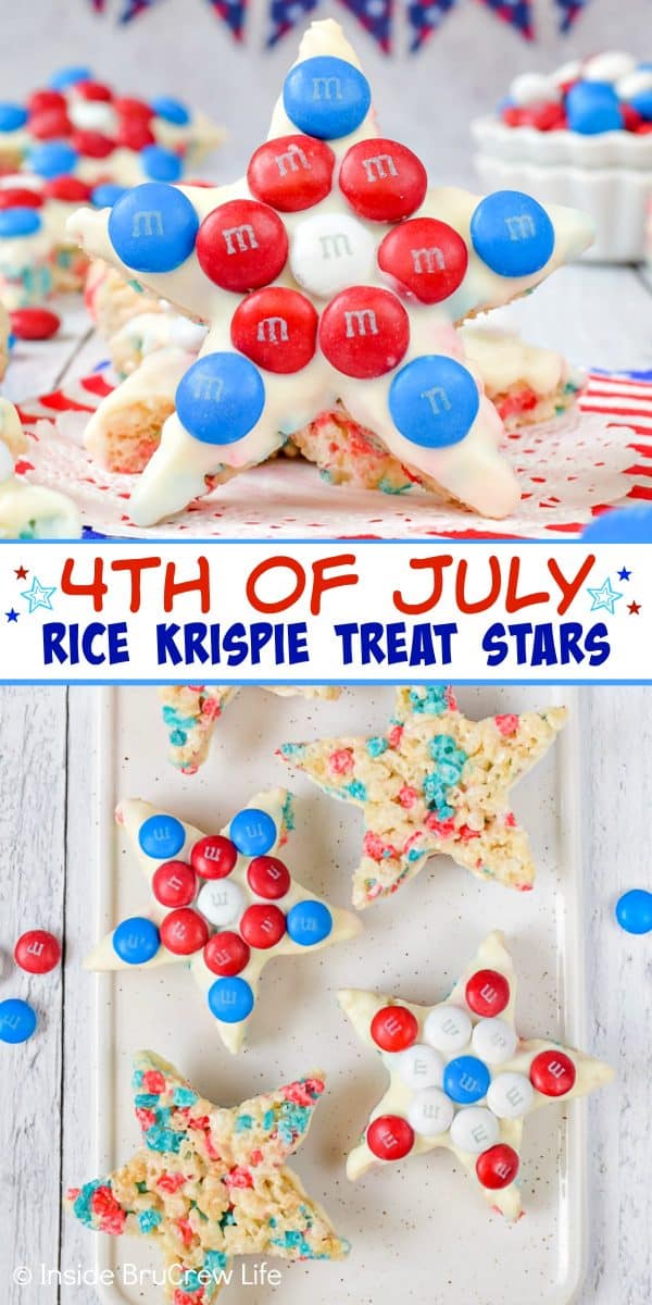 Two pictures of 4th of July Rice Krispie Treats collaged together with a white text box