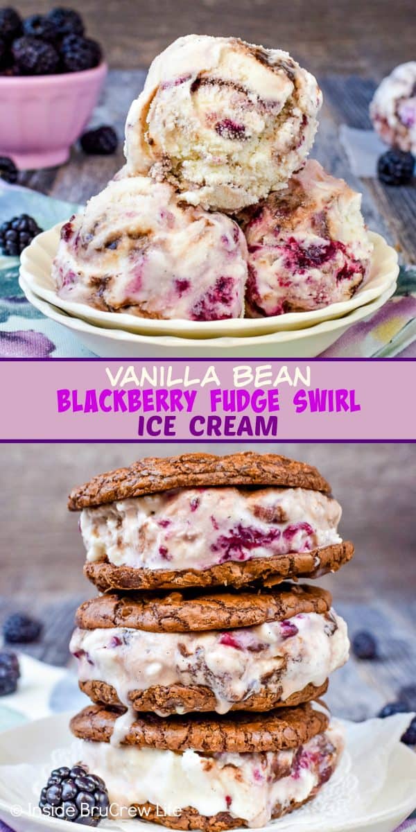 Two pictures of vanilla bean blackberry fudge ice cream collaged together with a violet text box.