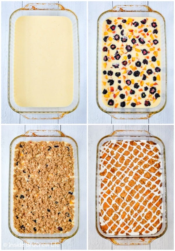 Four pictures collaged together showing the steps to putting the coffee cake batter, fruit, and streusel in a baking pan.