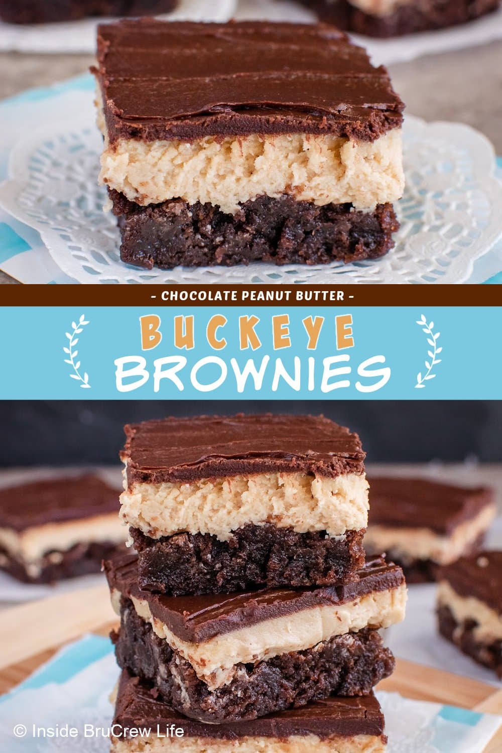 Two pictures of Buckeye brownies collaged together with a blue text box.