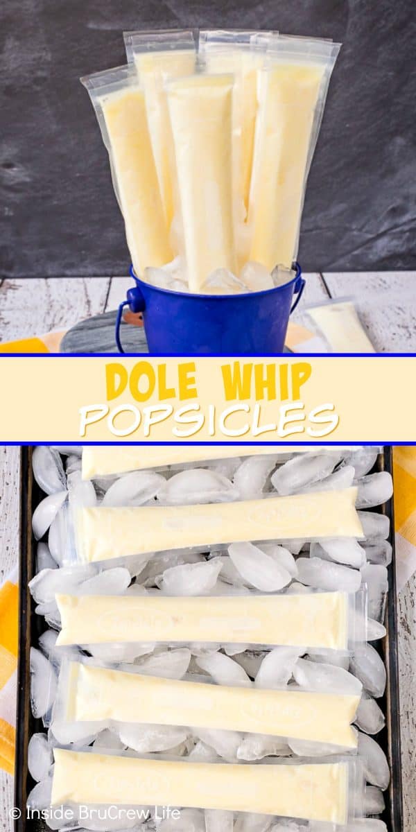 Easy Dole Whip Popsicles - these creamy copycat popsicles taste just like the popular Disney treat. Easy recipe to make and keep in the freezer for hot days! #copycat #disney #dolewhip #popsicles #summerdessert #summerfun #summervibes #pineapple