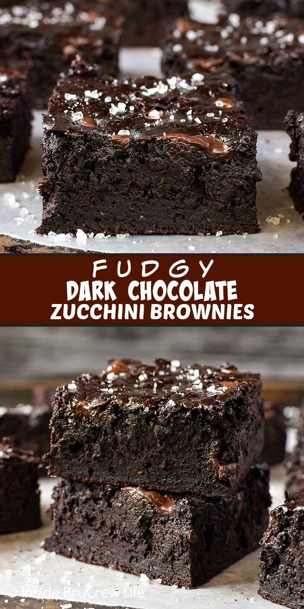 Two pictures of dark chocolate zucchini brownies collaged together with a brown text box