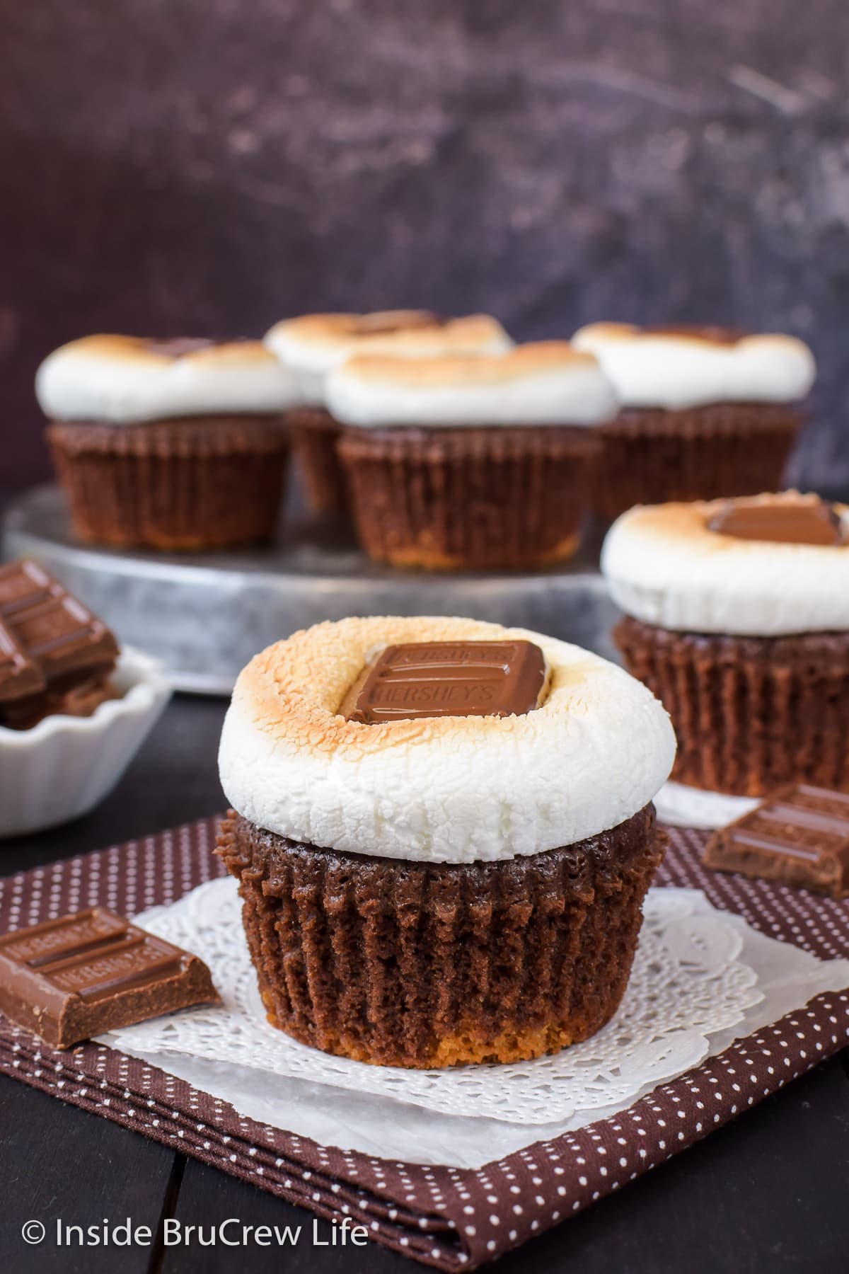 Chocolate brownie cupcakes topped with a toasted marshmallow and chocolate bar.