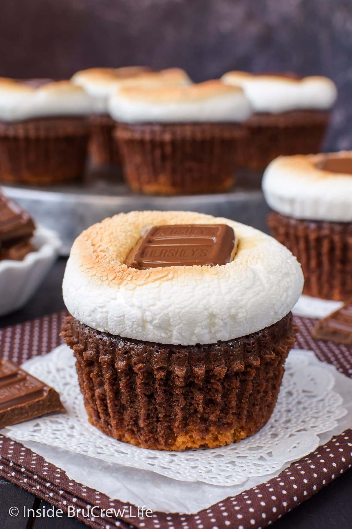 Chocolate brownie cupcakes topped with a toasted marshmallow and chocolate bar.
