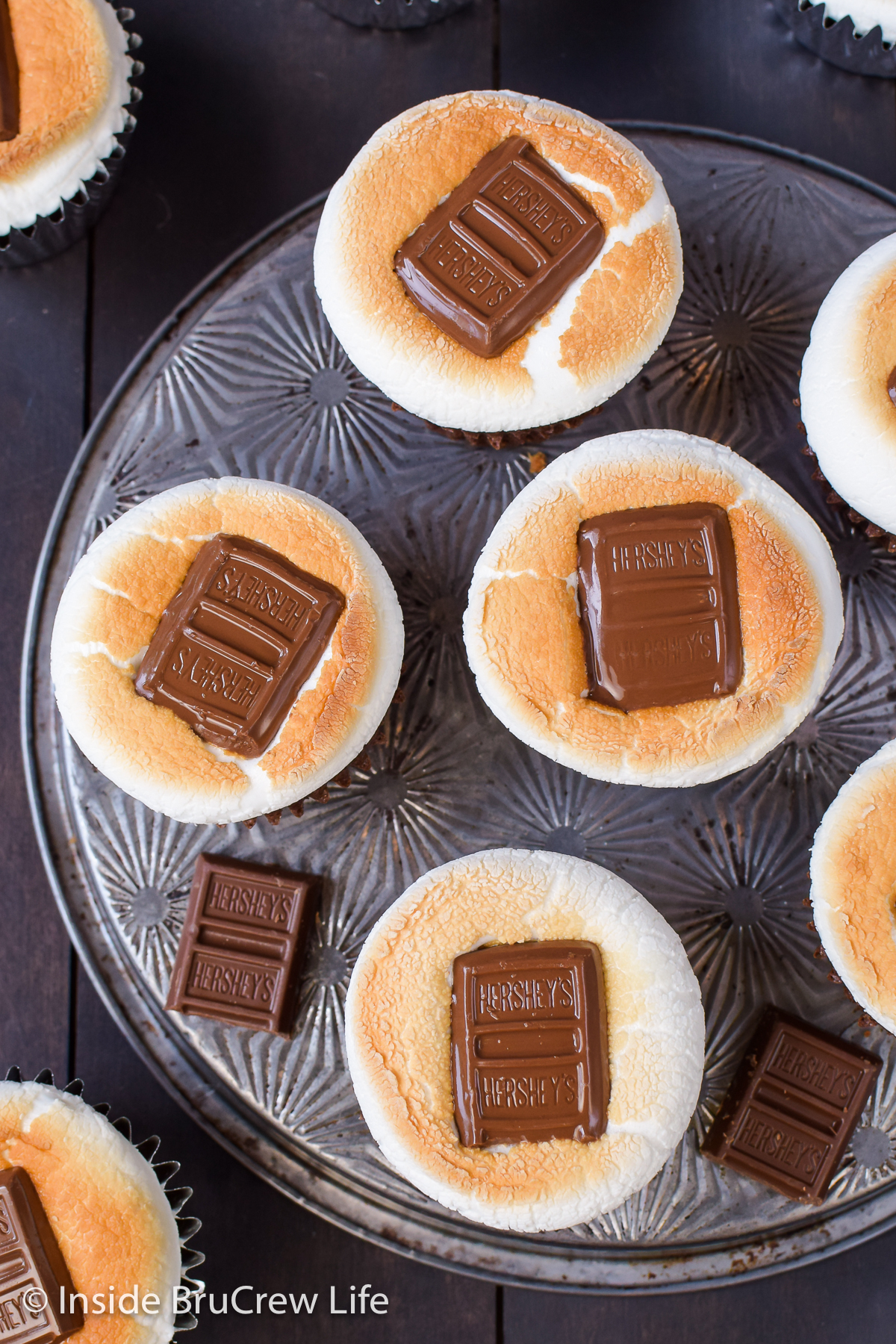 Overhead picture of toasted marshmallow and candy bars on cupcakes.