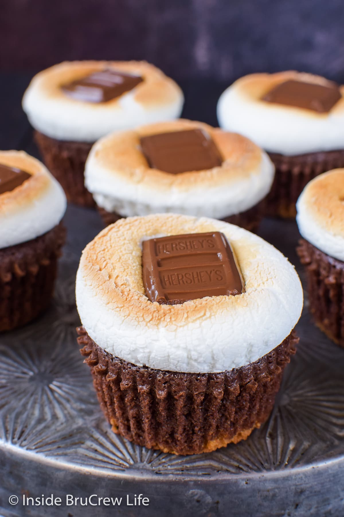 Chocolate cupcakes topped with marshmallow and chocolate.